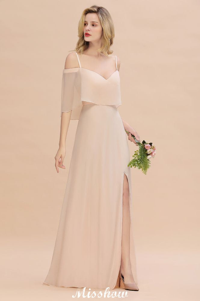 Vestidos de dama de honor sencillos con tirantes finos y capas | Vestidos largos de noche sin mangas, corte A y abertura lateral