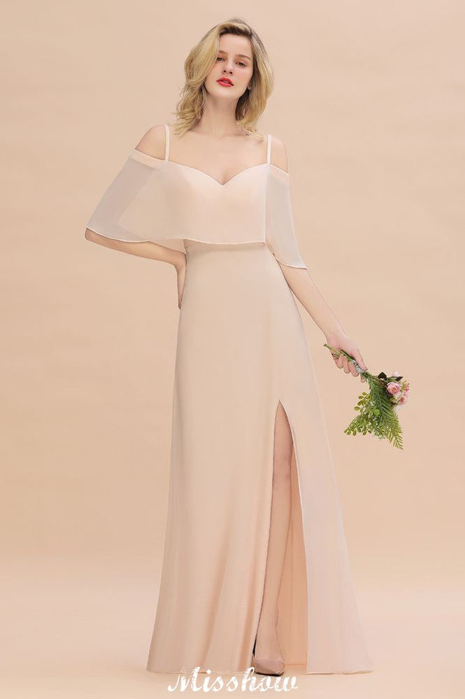Vestidos de dama de honor sencillos con tirantes finos y capas | Vestidos largos de noche sin mangas, corte A y abertura lateral