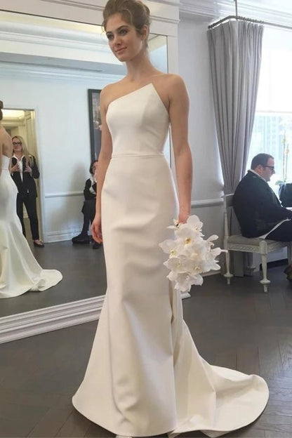 Einfaches trägerloses hübsches Meerjungfrau-Lang-elegantes Elfenbein-Sweep-Schleppe-elegante Brautkleider 
