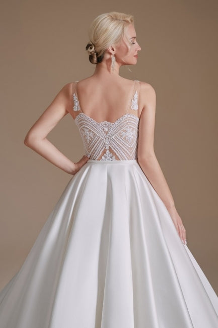 Einfache Träger Ärmellose A-Linie Bodenlange Satin Brautkleider mit Rüschen 