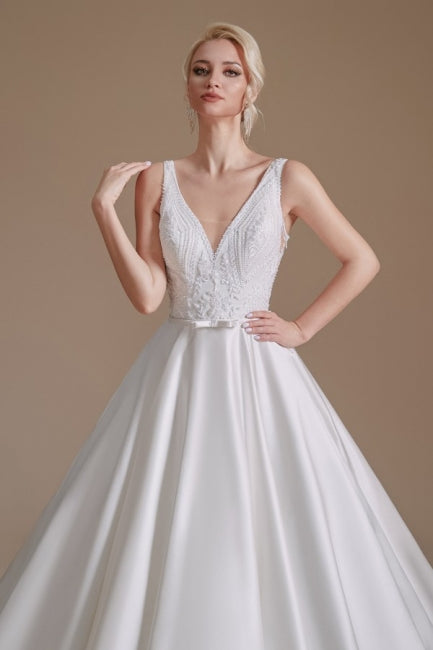 Vestidos de novia de satén con tirantes sencillos, sin mangas, corte A, largo hasta el suelo y volantes