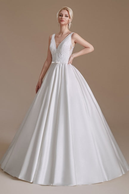 Einfache Träger Ärmellose A-Linie Bodenlange Satin Brautkleider mit Rüschen 