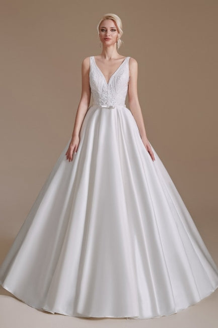 Einfache Träger Ärmellose A-Linie Bodenlange Satin Brautkleider mit Rüschen 