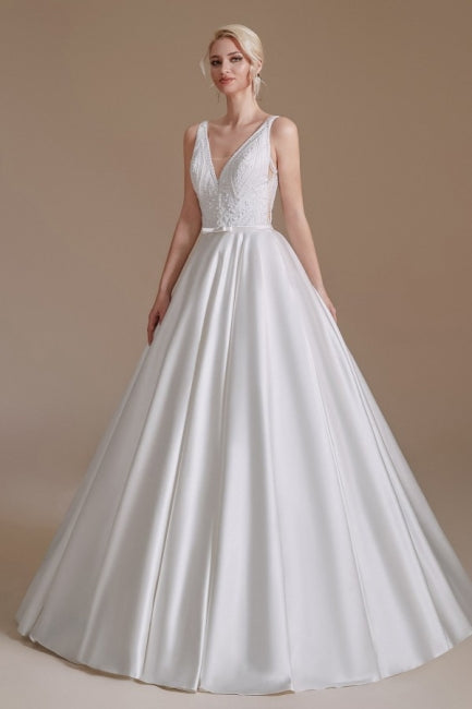 Einfache Träger Ärmellose A-Linie Bodenlange Satin Brautkleider mit Rüschen 