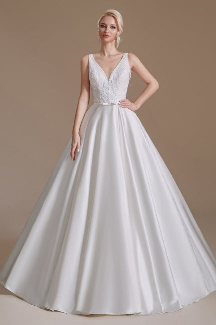 Vestidos de novia de satén con tirantes sencillos, sin mangas, corte A, largo hasta el suelo y volantes