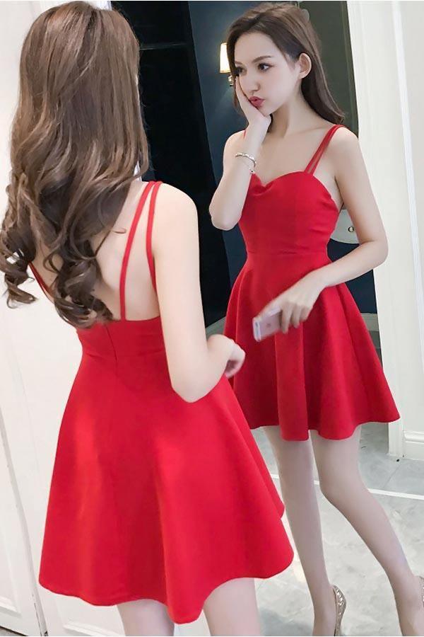 Vestidos de fiesta de satén rojo con escote corazón y tirantes sencillos PD091