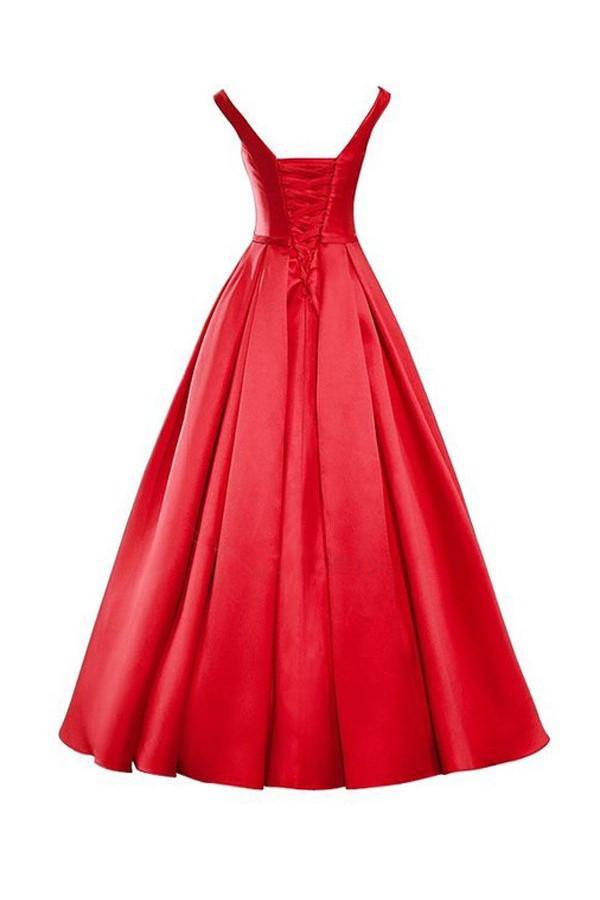 Vestido de dama de honor rojo sencillo con escote en V, lazo y cordones BD028