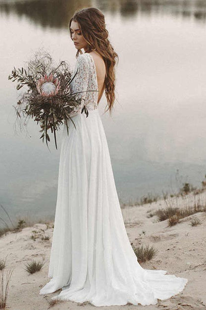 Vestido de novia de playa sencillo con escote en V, espalda abierta, mangas largas y encaje WD474