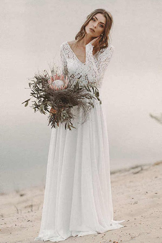 Vestido de novia de playa sencillo con escote en V, espalda abierta, mangas largas y encaje WD474
