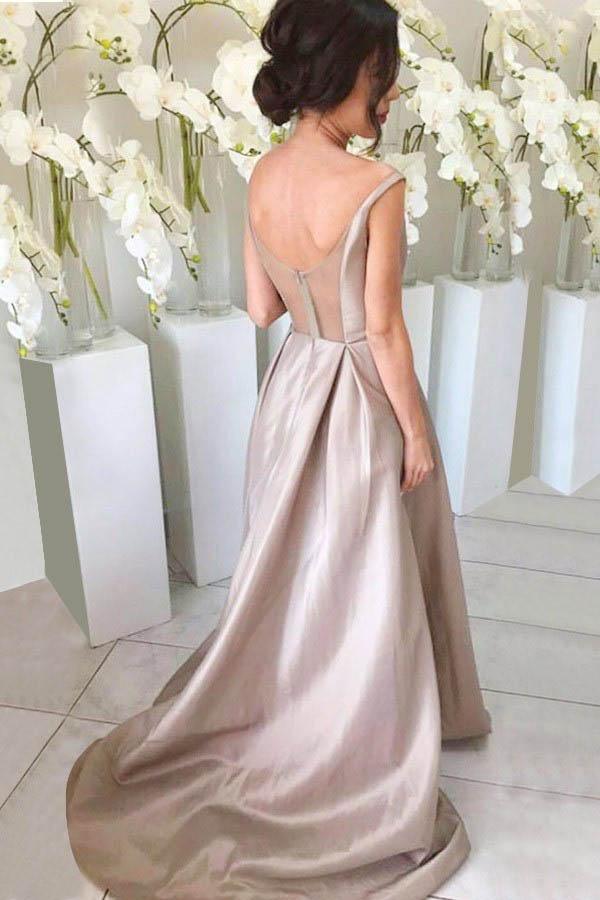 Vestido de dama de honor plateado, sencillo, con escote en V, sin mangas, corte alto y bajo, BD061