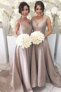 Vestido de dama de honor plateado, sencillo, con escote en V, sin mangas, corte alto y bajo, BD061