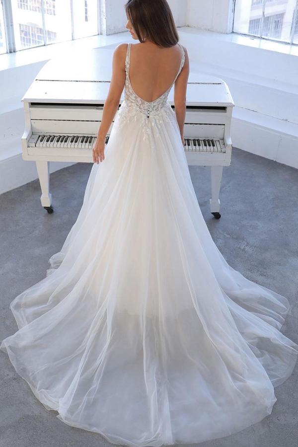 Vestido de novia sencillo blanco largo de corte A con escote en V, tul, encaje y espalda descubierta