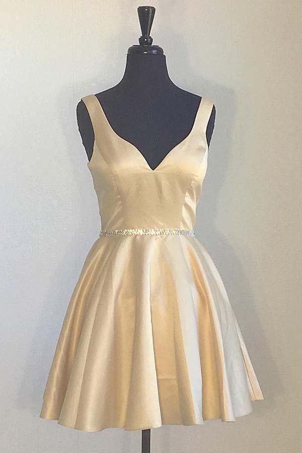Vestidos de fiesta amarillos sencillos con tirantes anchos, escote en V y cuentas PD173