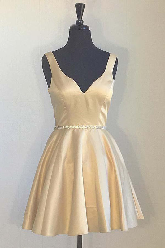Vestidos de fiesta amarillos sencillos con tirantes anchos, escote en V y cuentas PD173