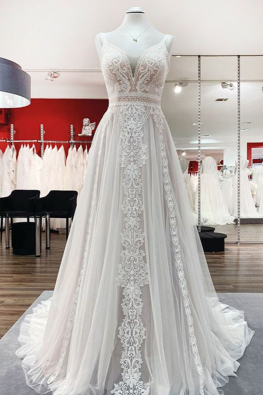 Vestidos de novia largos de tul con encaje y espalda abierta