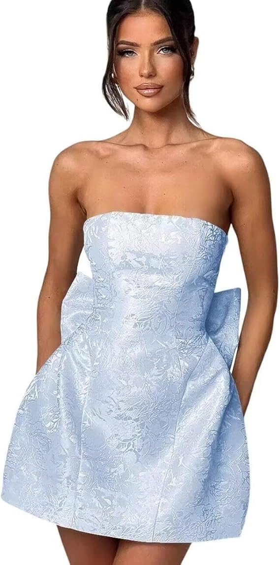 Trägerloses, kurzes Ballkleid für den Heimkehr, ärmelloses Partykleid aus Jacquard-Satin mit Schnürung und Schleife