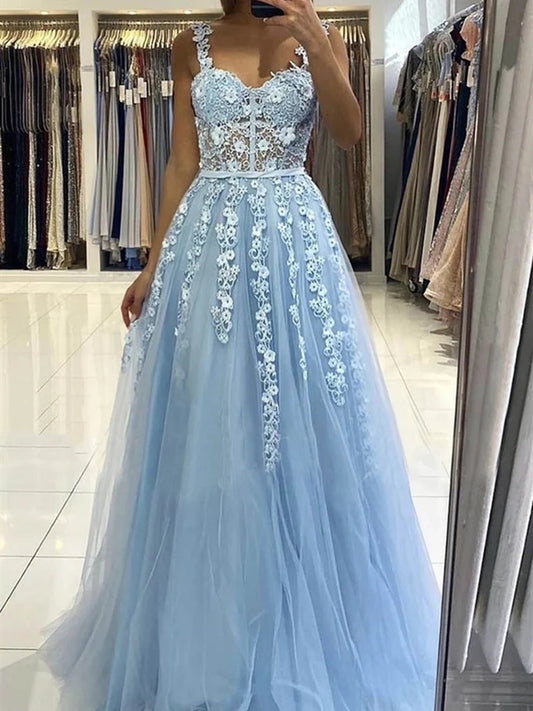 Himmelblaue lange A-Linie Träger Tüll Spitze Blumen rückenfreies Abschlussballkleid
