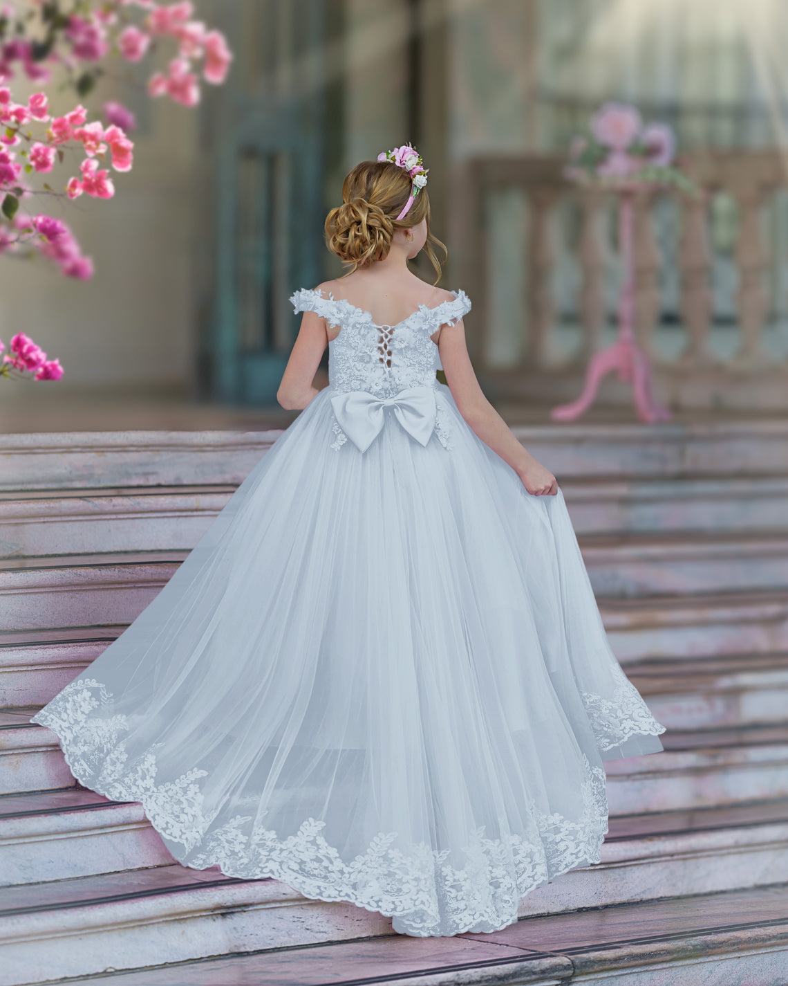Vestido de fiesta/princesa de encaje con cola larga, color rosa, para cumpleaños