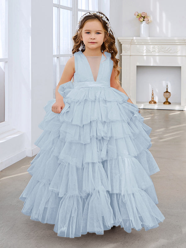 Vestido de fiesta/princesa rosa perla sin mangas con lazo de tul para niña de las flores
