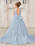 A-Line Princess Sleeveless Satin Flower Girl Dress with Sweep Train and Bow