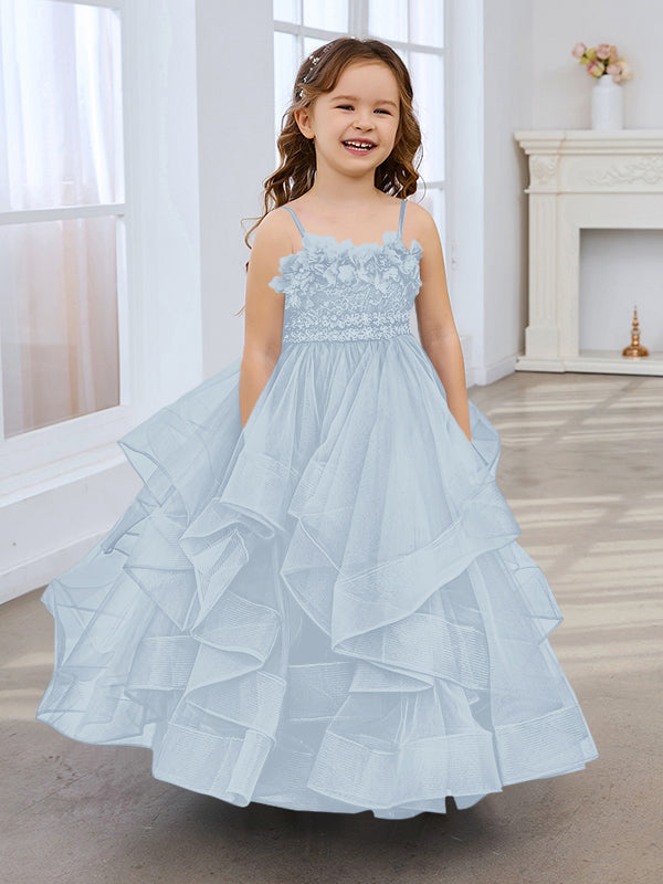 Schieferblaues ärmelloses A-Linien-Prinzessin-Kleid aus Tüll für Blumenmädchen 