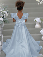 Blumenmädchenkleid mit Puffärmeln, Schleife, Knopfleiste hinten und Schleppe 
