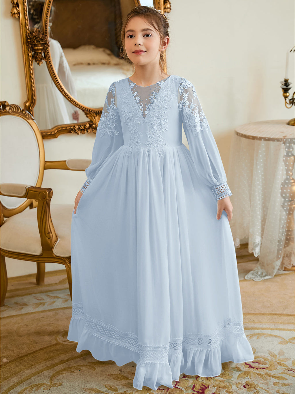 Bodenlanges Chiffon-Kleid in A-Linie und Elfenbein für die Erstkommunion 