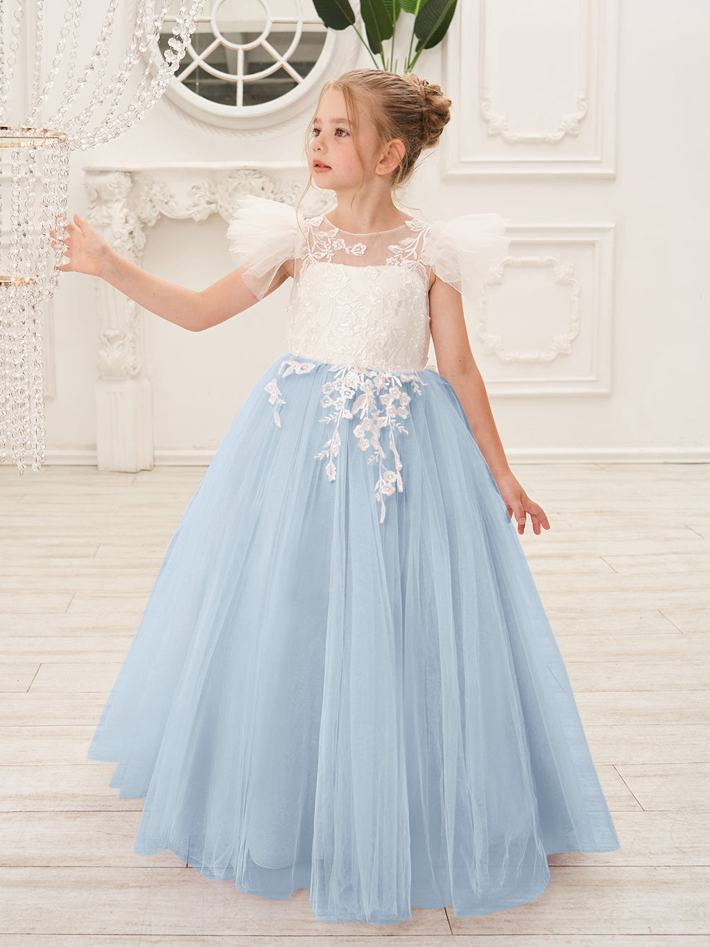 Abnehmbares Blumenmädchenkleid aus Spitze und Tüll mit Schleppe 