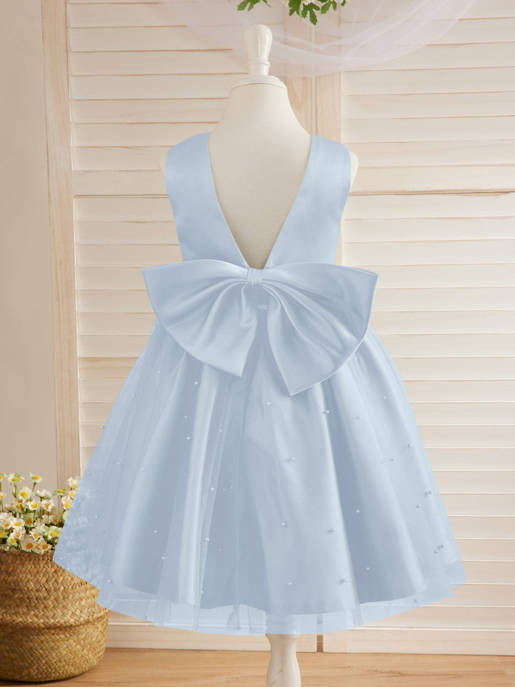 Vestido de niña de las flores de satén, tul y hasta la rodilla, estilo princesa