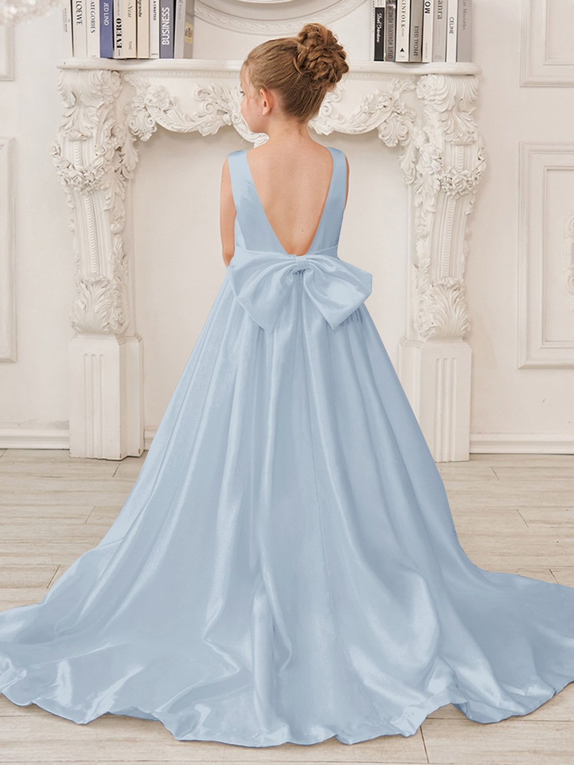 A-Linie Prinzessin Ärmelloses Satin Blumenmädchenkleid mit Schleppe und Schleife 