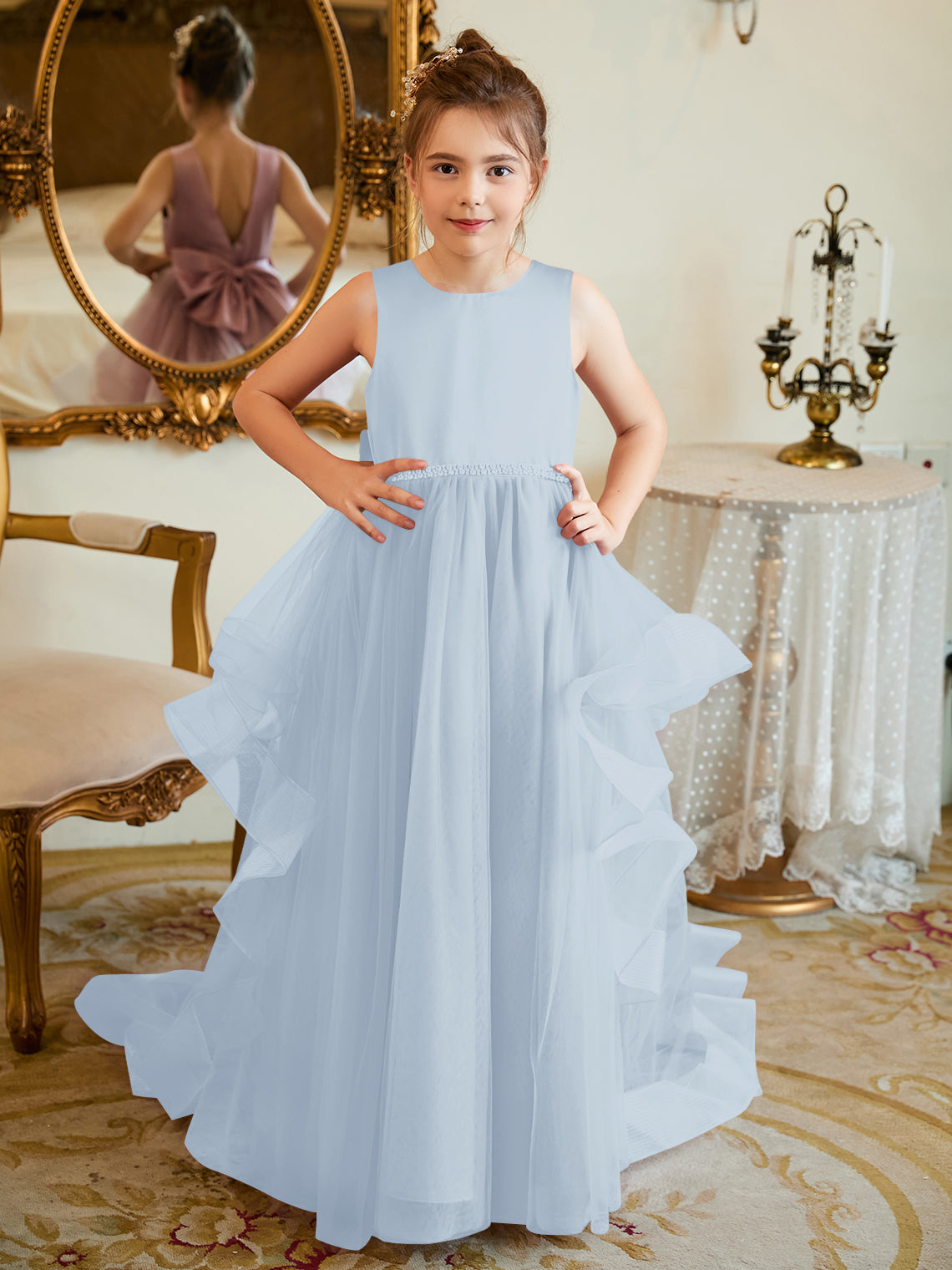Duchesse-Linie/Princess-Linie Satin Tüll Bodenlang Blumenmädchenkleid 