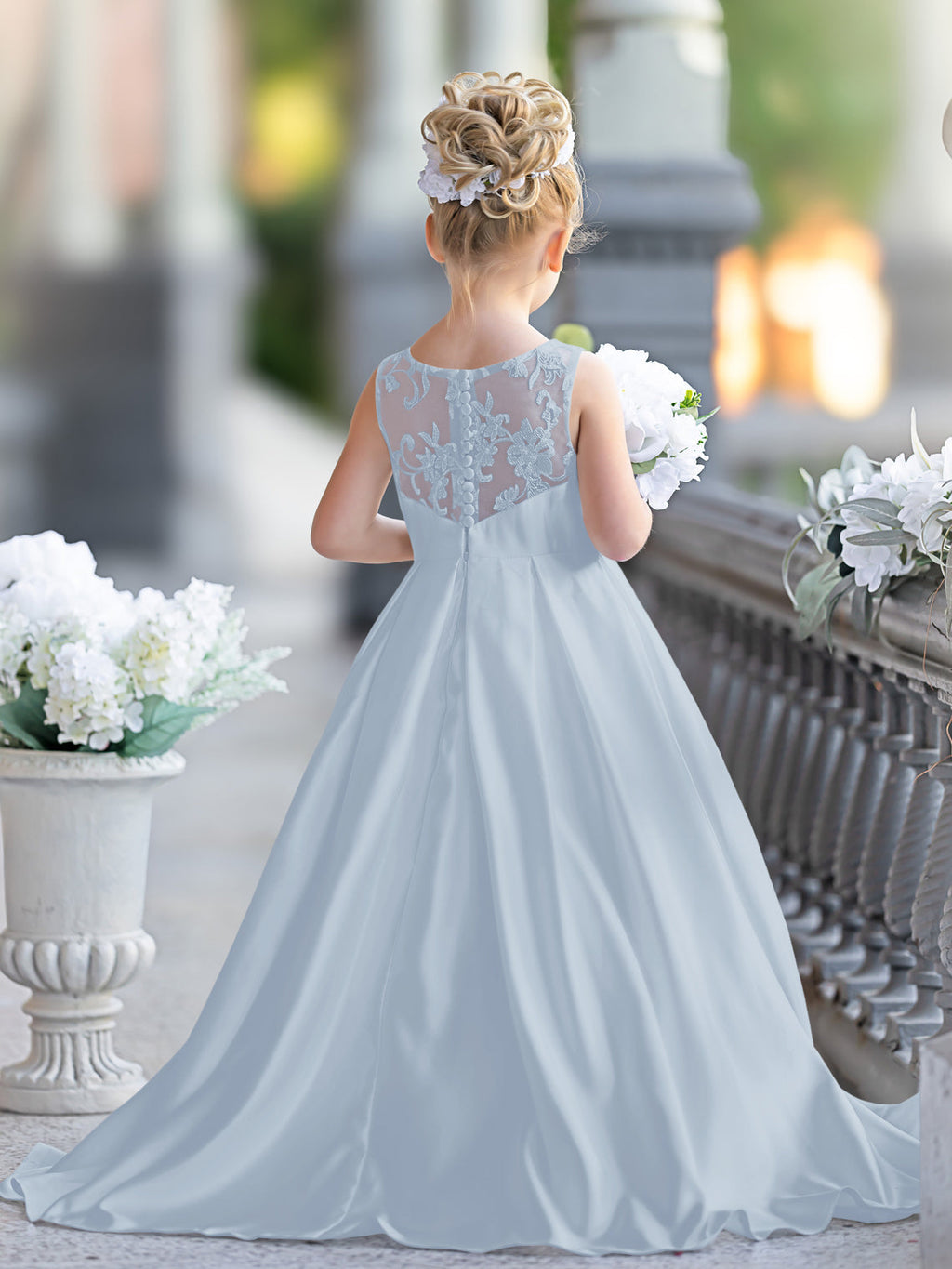A-Linie Spitze Satin Bodenlang Erstkommunionkleid für Blumenmädchen 