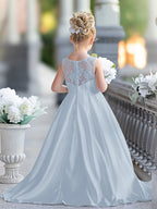 A-Linie Spitze Satin Bodenlang Erstkommunionkleid für Blumenmädchen 