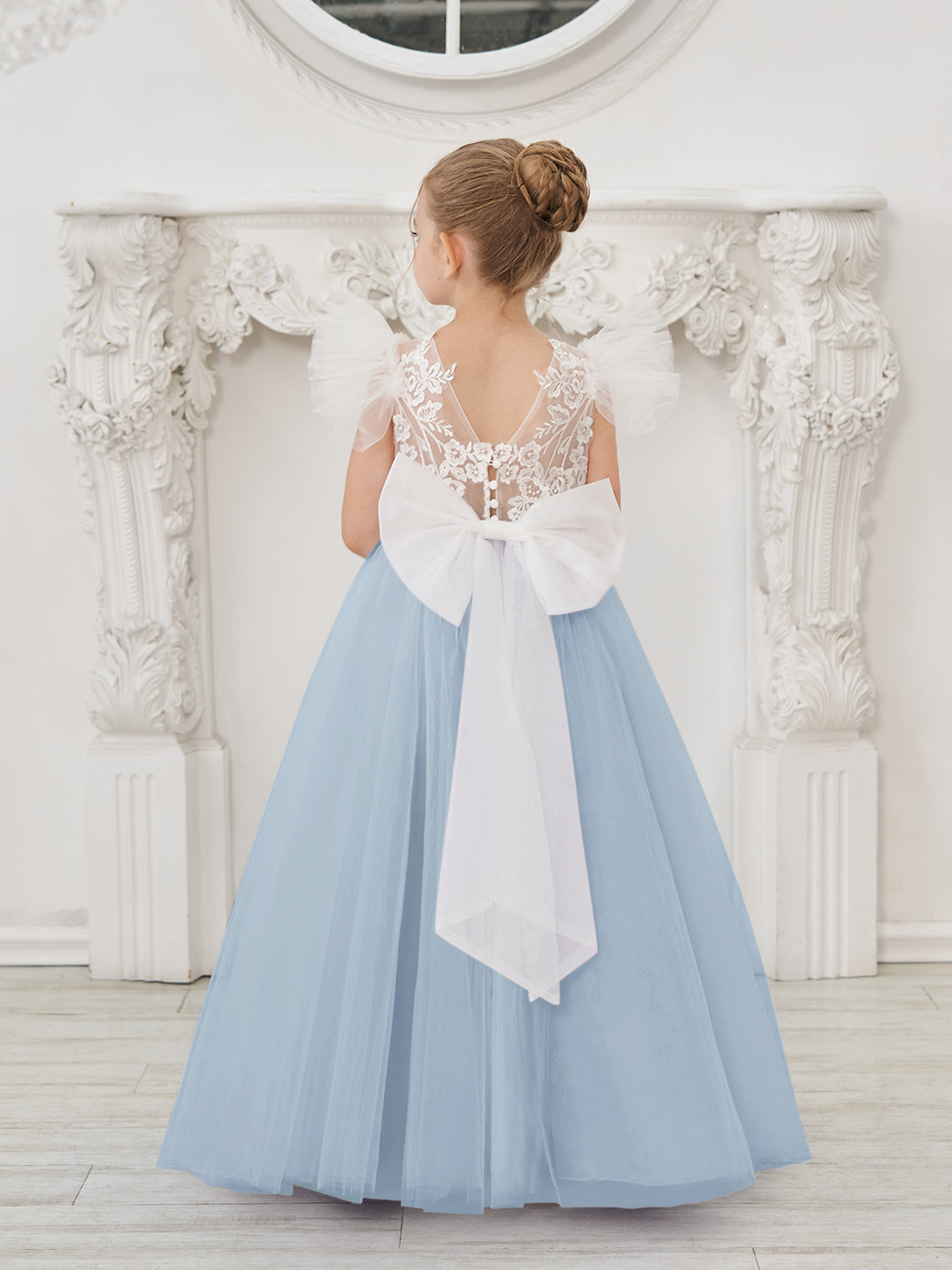 Abnehmbares Blumenmädchenkleid aus Spitze und Tüll mit Schleppe 