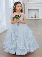 Vestido de princesa de tul sin mangas con apliques de encaje y cola larga para niñas