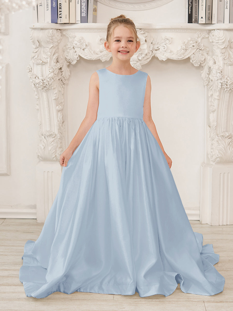 A-Line Princess Sleeveless Satin Flower Girl Dress with Sweep Train and Bow