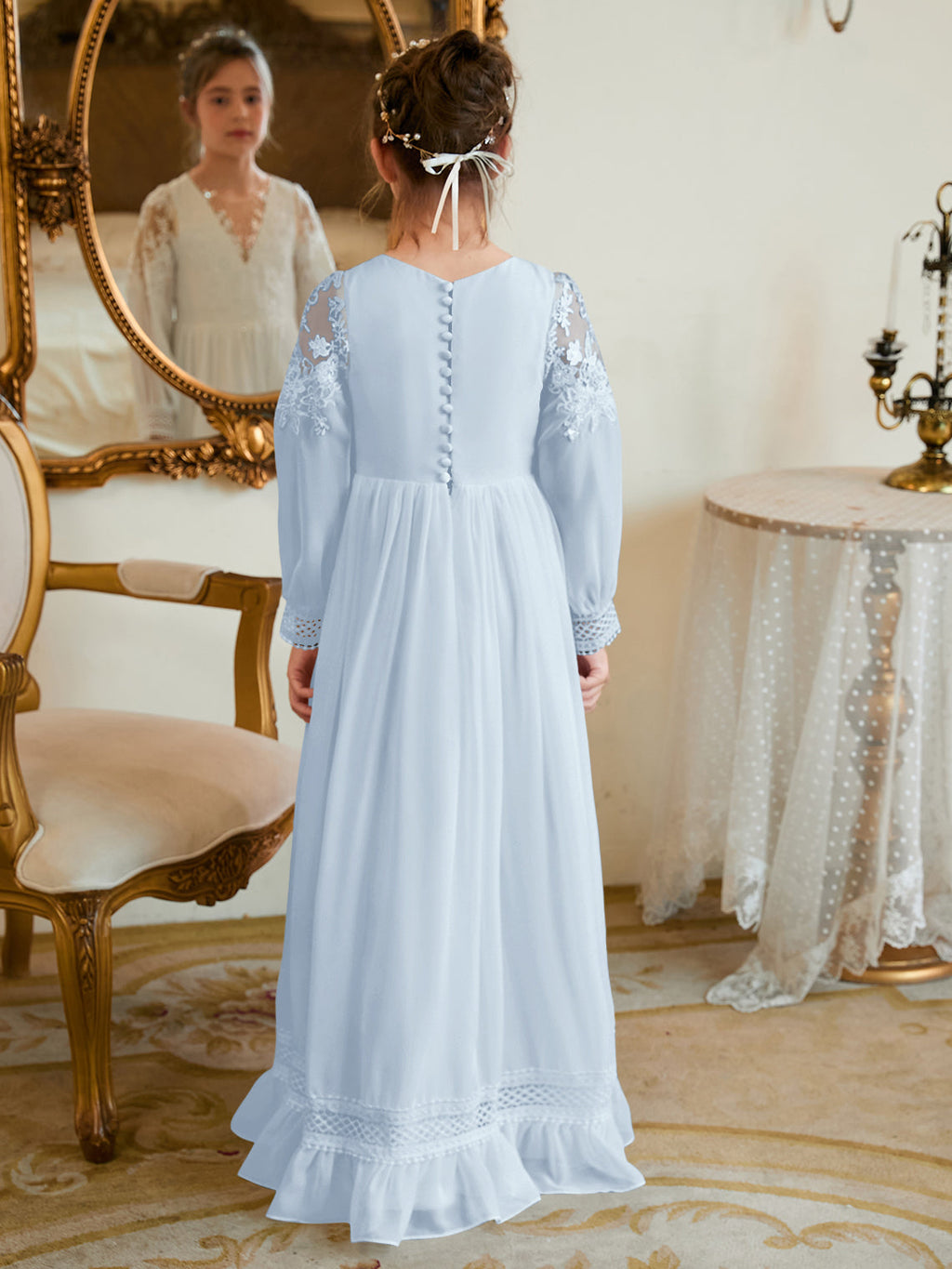 Bodenlanges Chiffon-Kleid in A-Linie und Elfenbein für die Erstkommunion 