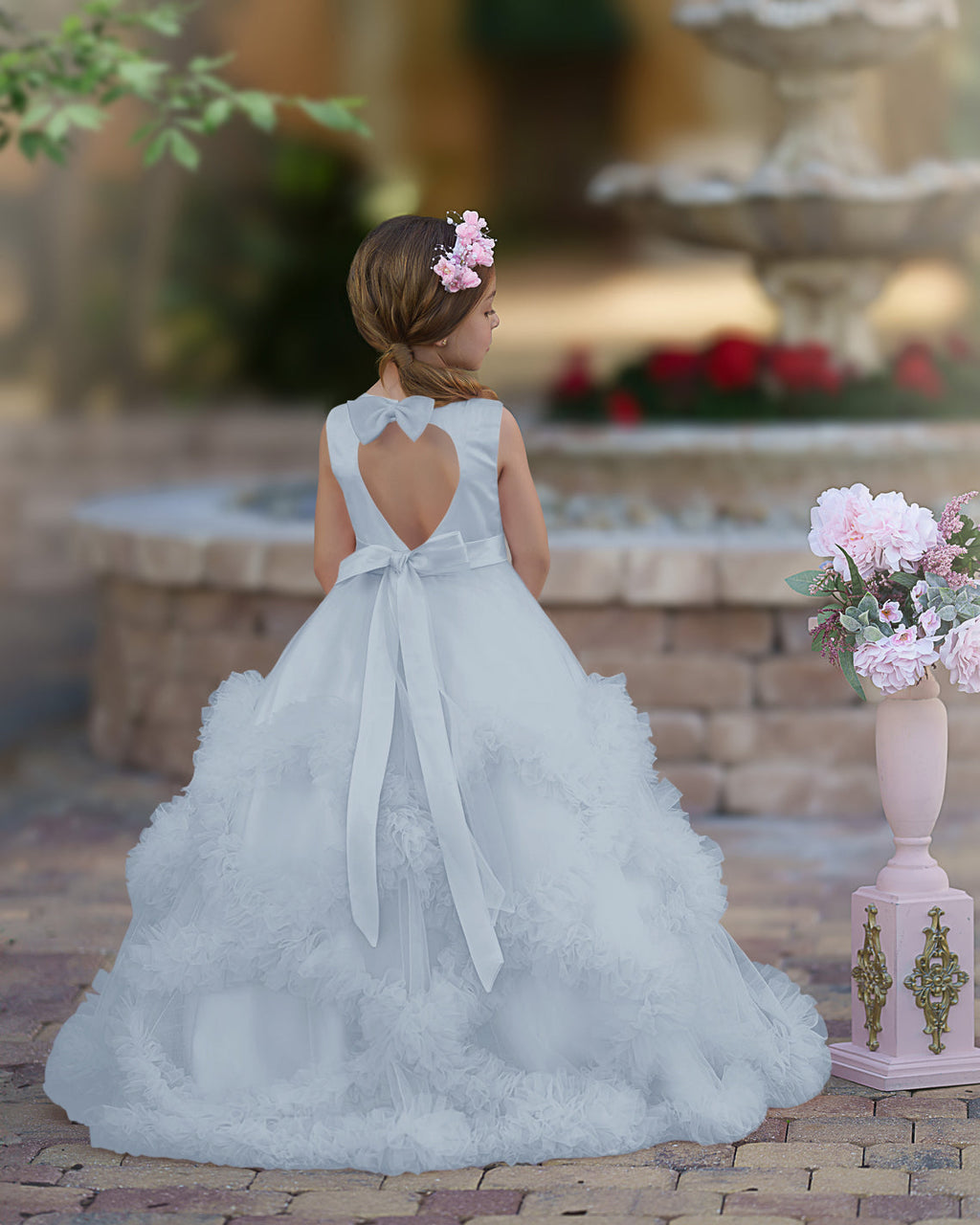 A-Linie Satin Tüll Bodenlang Kaskadierende Rüschen Blumenmädchenkleid