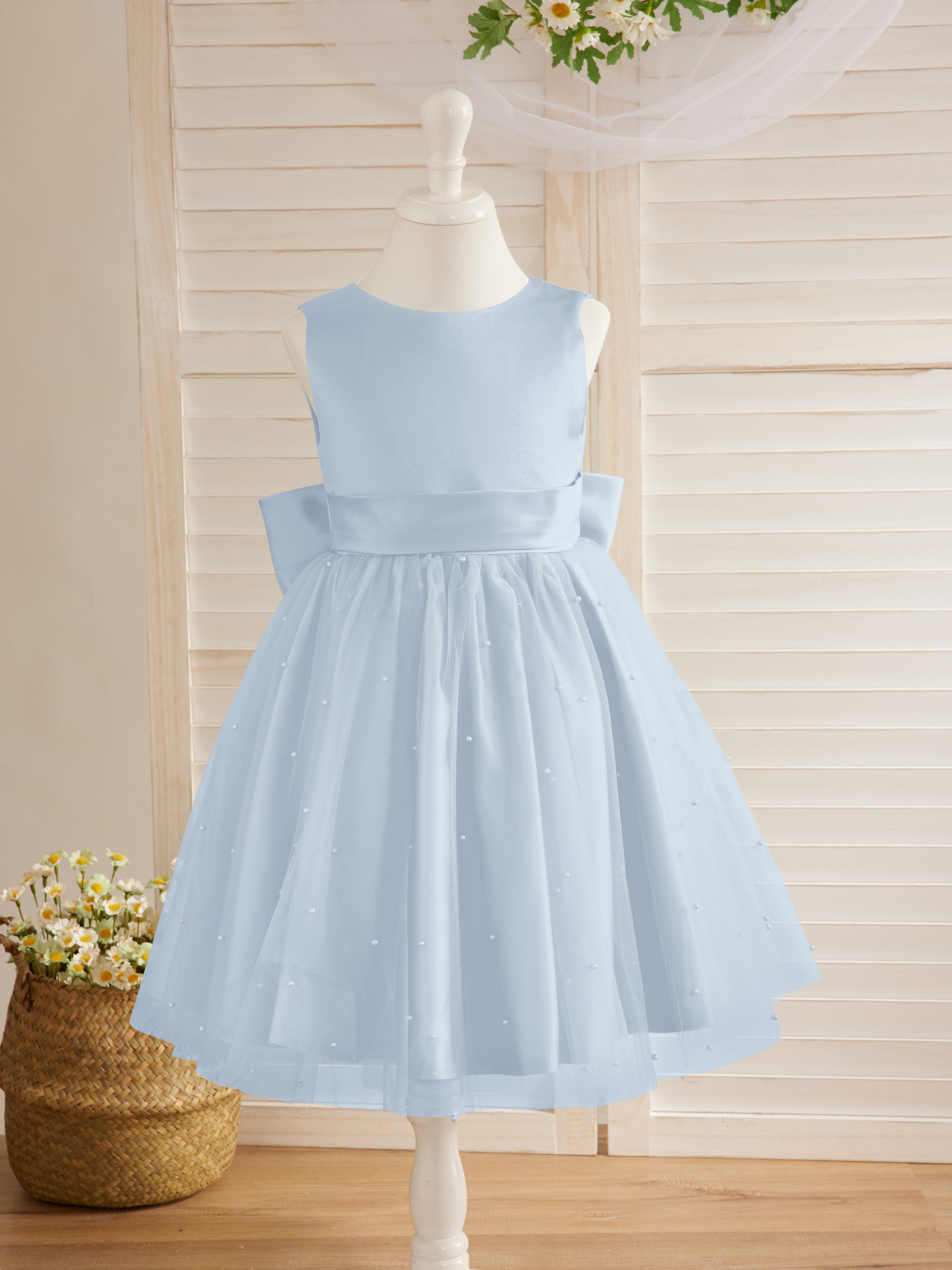 Vestido de niña de las flores de satén, tul y hasta la rodilla, estilo princesa