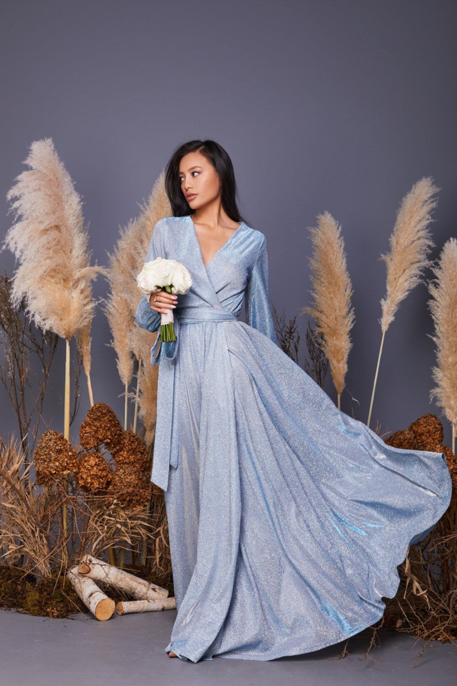 Glitter Puffy Sleeve Prom Dresses for Women Long with Slit Evening Formal Party Gown SYP01