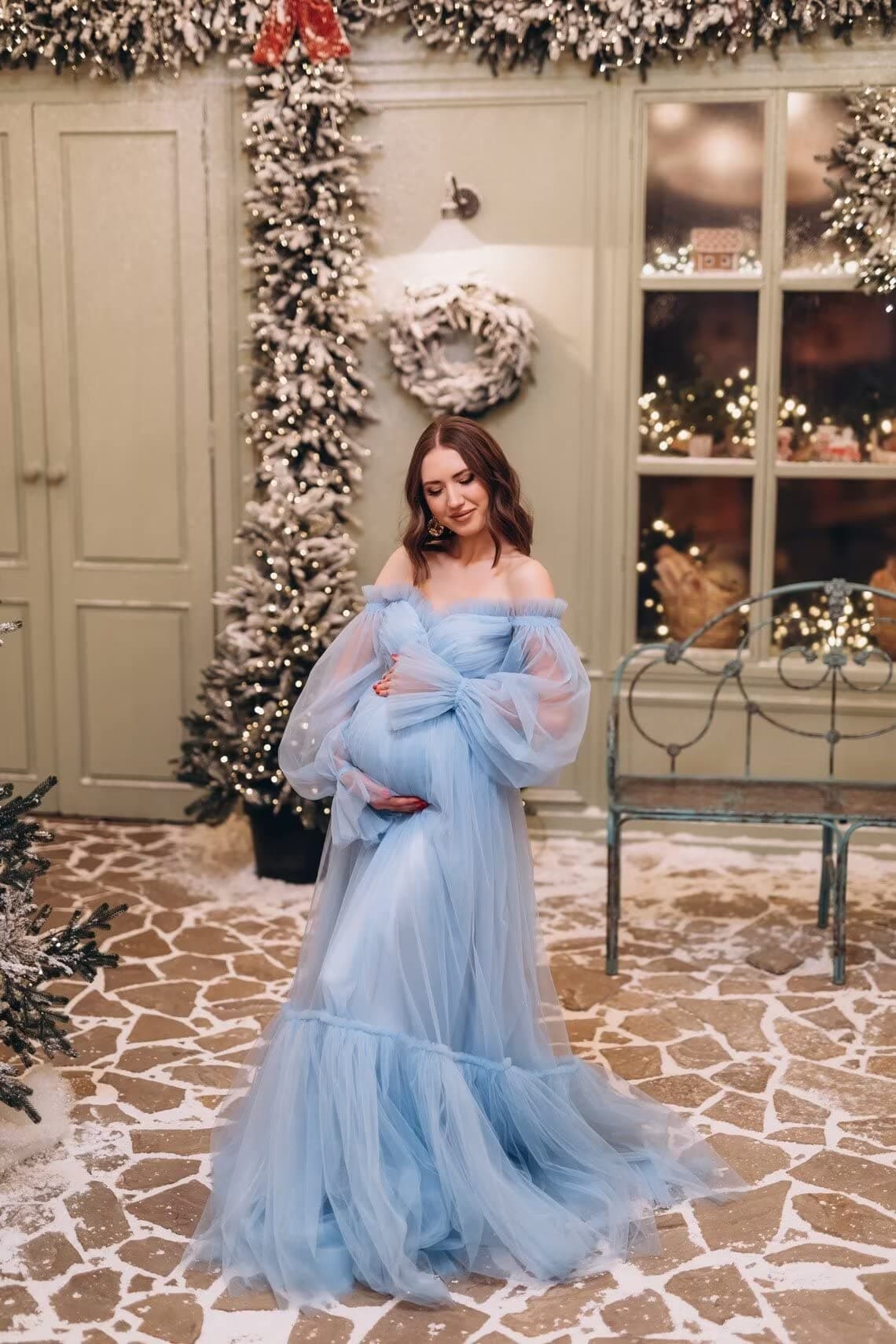 Puffy Sleeve Maternity Dress Tulle Robe SY040