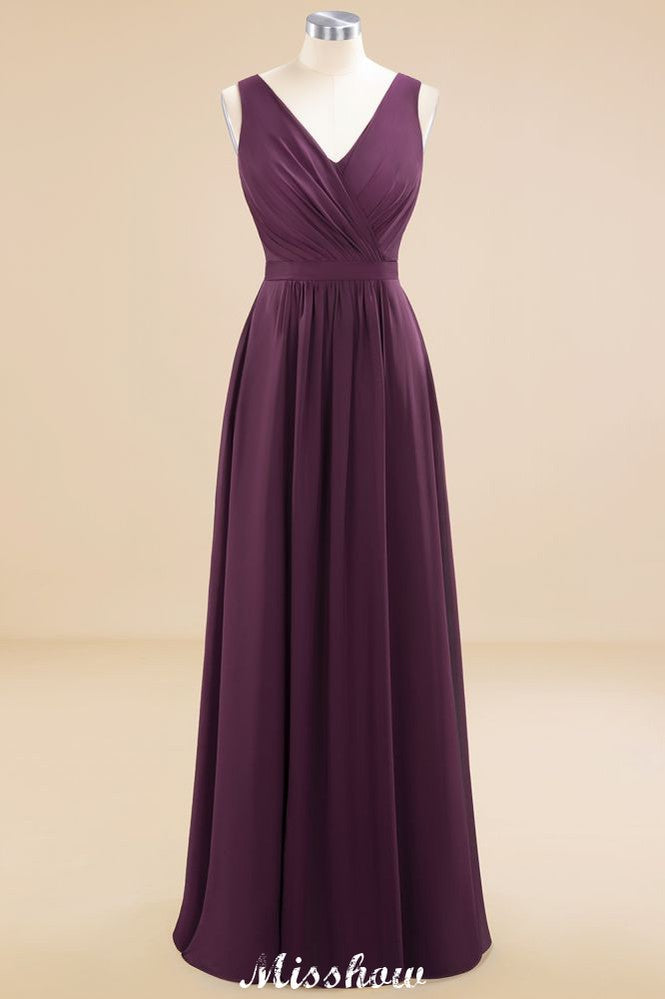 Vestido de dama de honor de gasa sin mangas, corte A, largo hasta el suelo, escote en V, vestido de fiesta