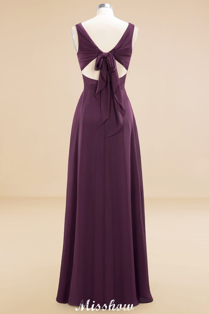 Vestido de dama de honor de gasa sin mangas, corte A, largo hasta el suelo, escote en V, vestido de fiesta