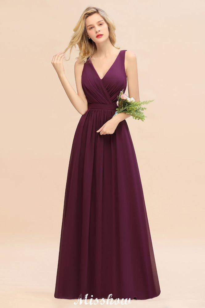 Vestido de dama de honor de gasa sin mangas, corte A, largo hasta el suelo, escote en V, vestido de fiesta