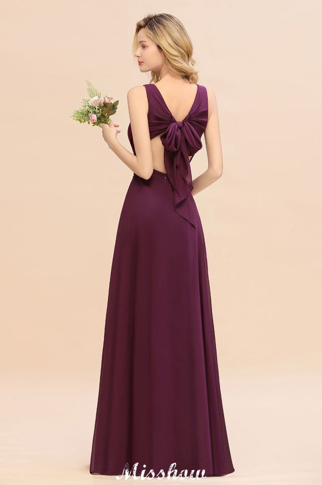Vestido de dama de honor de gasa sin mangas, corte A, largo hasta el suelo, escote en V, vestido de fiesta