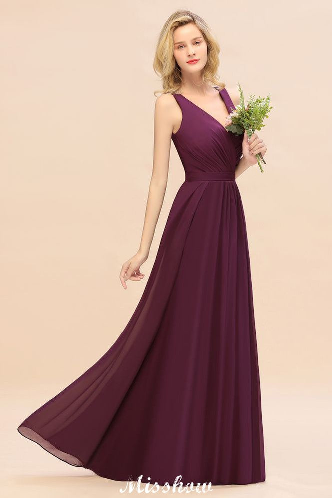 Vestido de dama de honor de gasa sin mangas, corte A, largo hasta el suelo, escote en V, vestido de fiesta