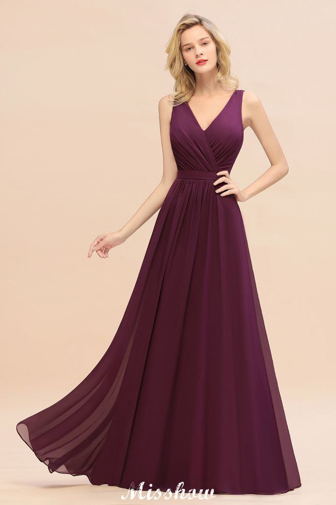 Vestido de dama de honor de gasa sin mangas, corte A, largo hasta el suelo, escote en V, vestido de fiesta