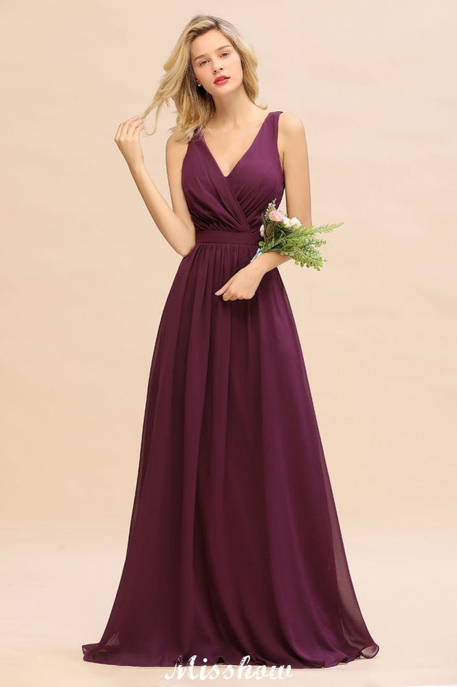Vestido de dama de honor de gasa sin mangas, corte A, largo hasta el suelo, escote en V, vestido de fiesta