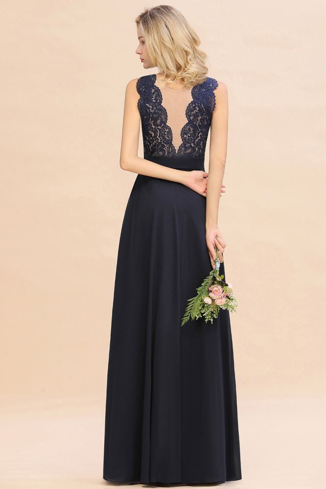Vestido de noche largo sin mangas, corte A, con apliques de encaje, largo hasta el suelo, para dama de honor, vestido formal para fiesta
