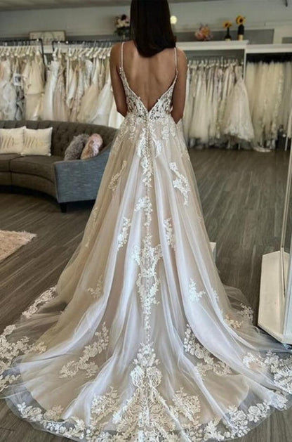 Ärmelloses A-Linien-Brautkleid mit bodenlangen Spaghettiträgern